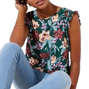 LOFT Floral Ruffle Sleeve Blouse - Green and Pink